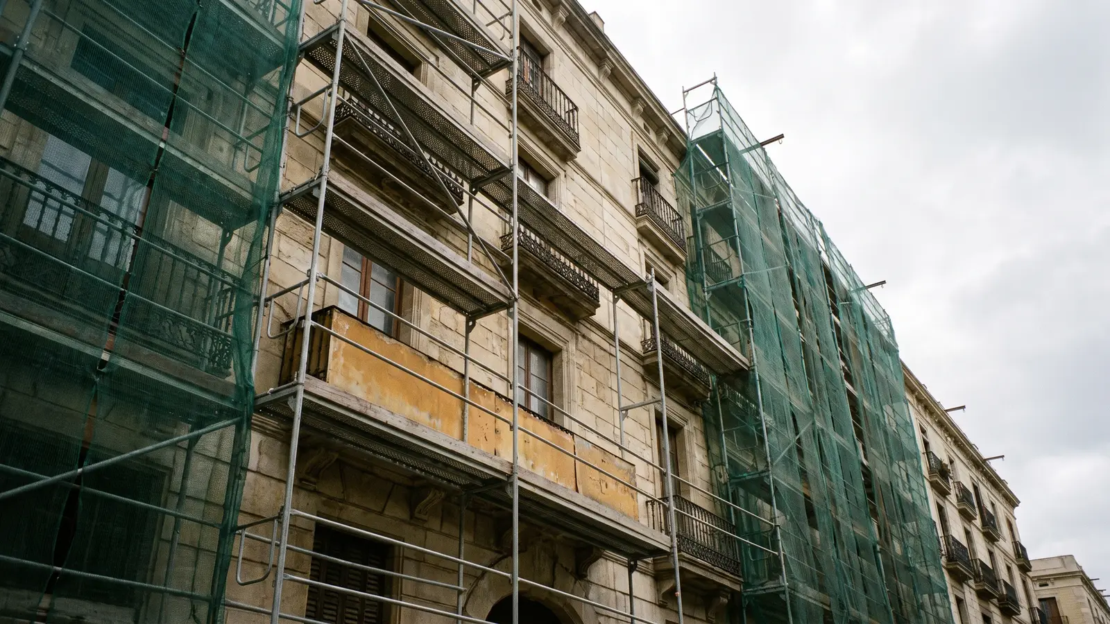 Andamio montado contra la fachada de un edificio de viviendas antiguo de Barcelona, con malla protectora verde cubriendo parcialmente los balcones, visto desde la calle.