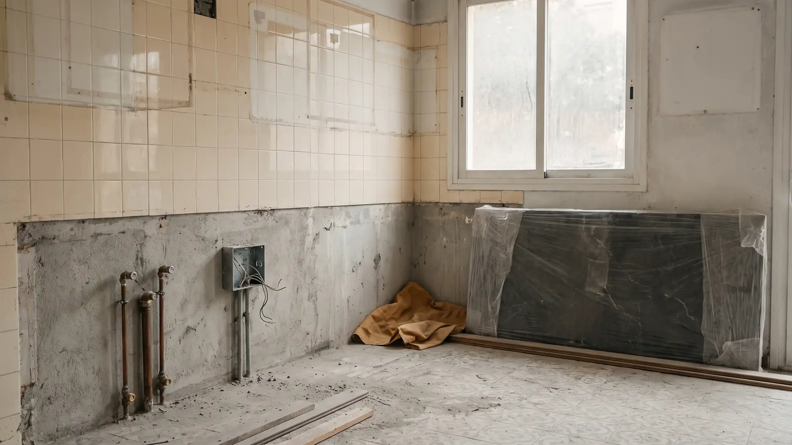 Cocina desmontada en un piso de Barcelona: los muebles retirados han dejado marcas claras en el alicatado, con las tomas de agua taponadas, una caja eléctrica abierta y una encimera nueva envuelta en plástico apoyada en la pared.